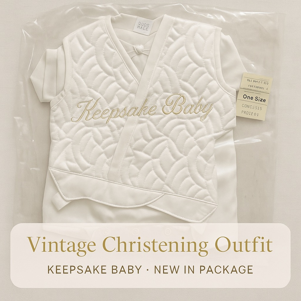 Vintage Baby Boy Christening Outfit – Satin Quilted “Keepsake Baby” One Size